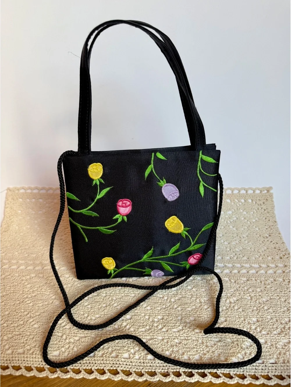 Sasha Black Embroidered Rose Floral Mini Handbag Purse Crossbody Shoulder Bag